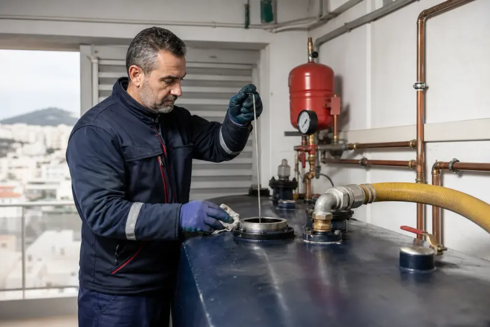 Τεχνικός ελέγχει τη στάθμη δεξαμενής πετρελαίου θέρμανσης